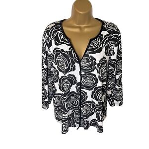 Y2K REQ Rose Print Button Front Cardigan 3/4 Sleeve Black White XL